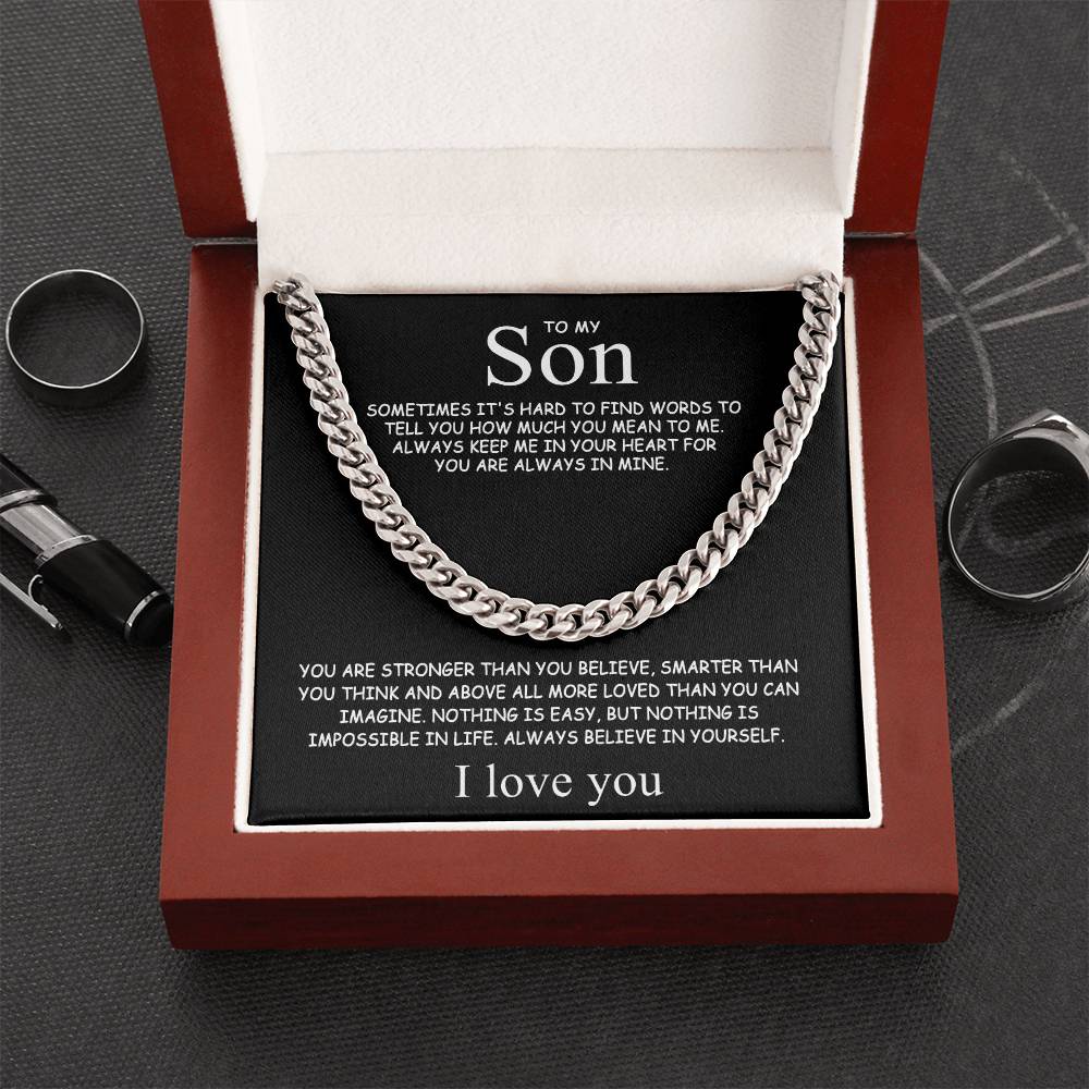 young man wearing inspirational necklace for son