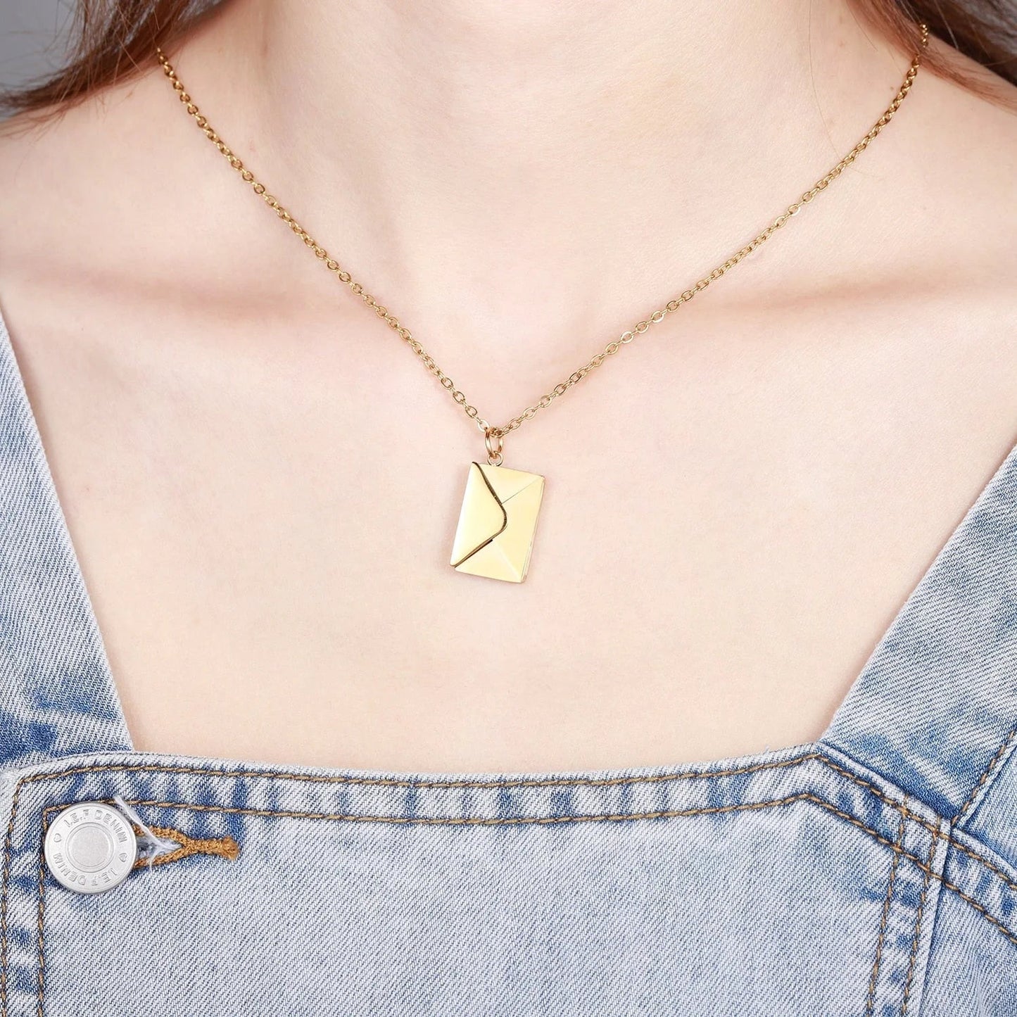 woman wearing love letter envelope necklace