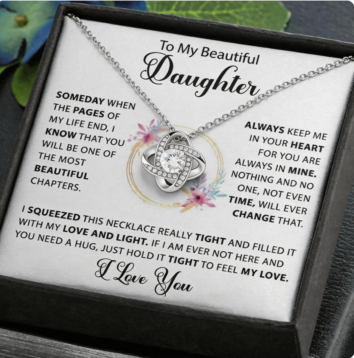 daughter wearing eternal love necklace jewelry