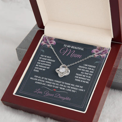mum wearing knot necklace gift from daughter son