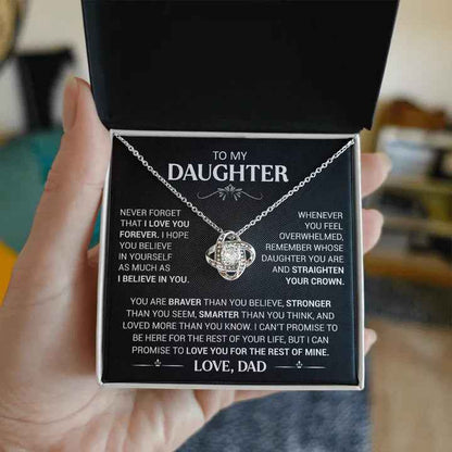 daughter wearing love knot necklace jewelry